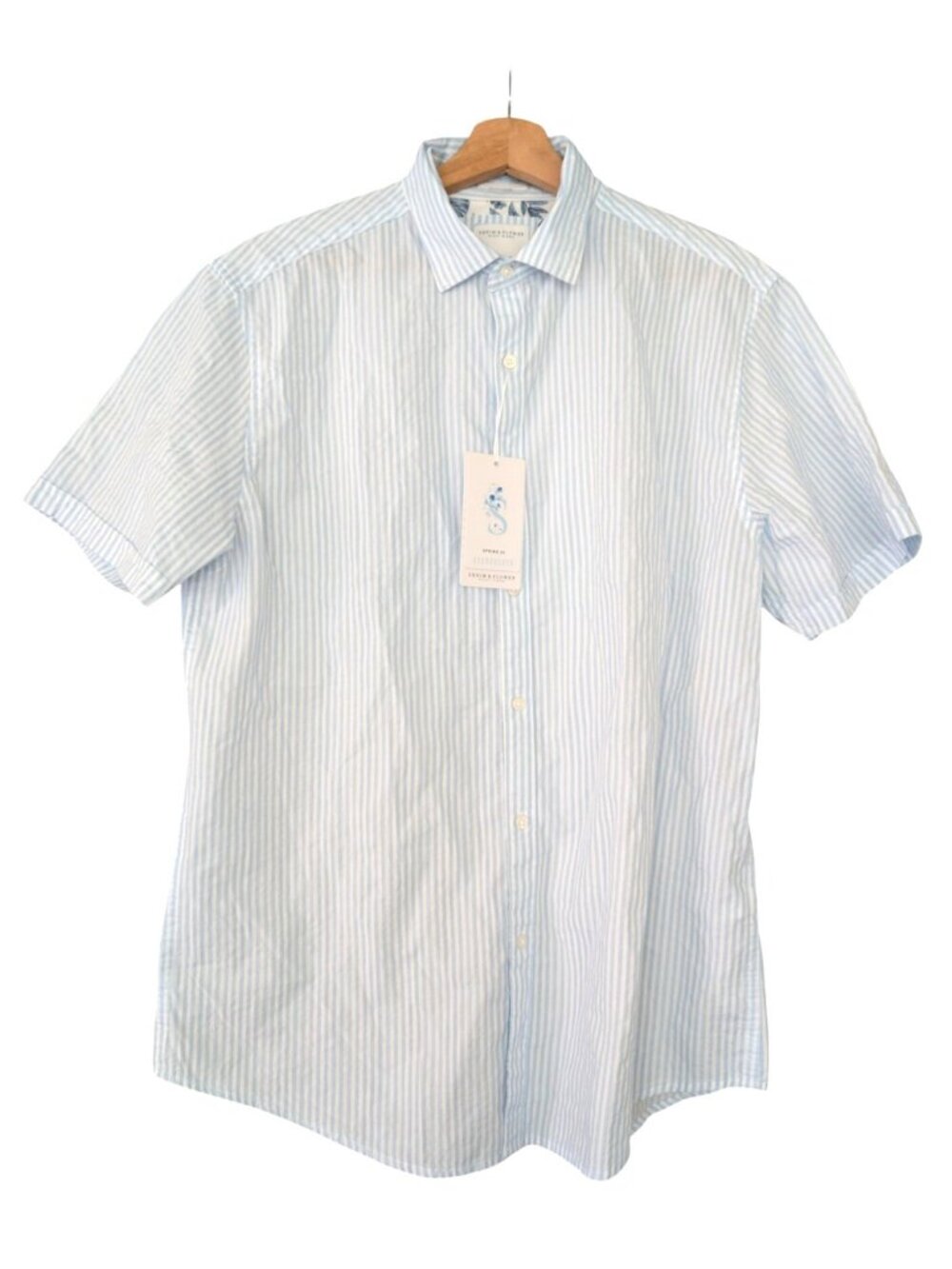 NWT Denim & Flower Ricky Singh Seersucker Stripe Short Sleeve Shirt Mens L